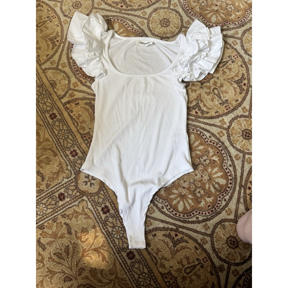 Mittoshop Snap Up Rib Double Flutter Ruffled Sleeve Bodysuit Womens White Small‎